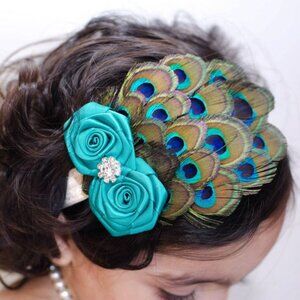 Peacock Feather and Teal Rose Baby Headband.